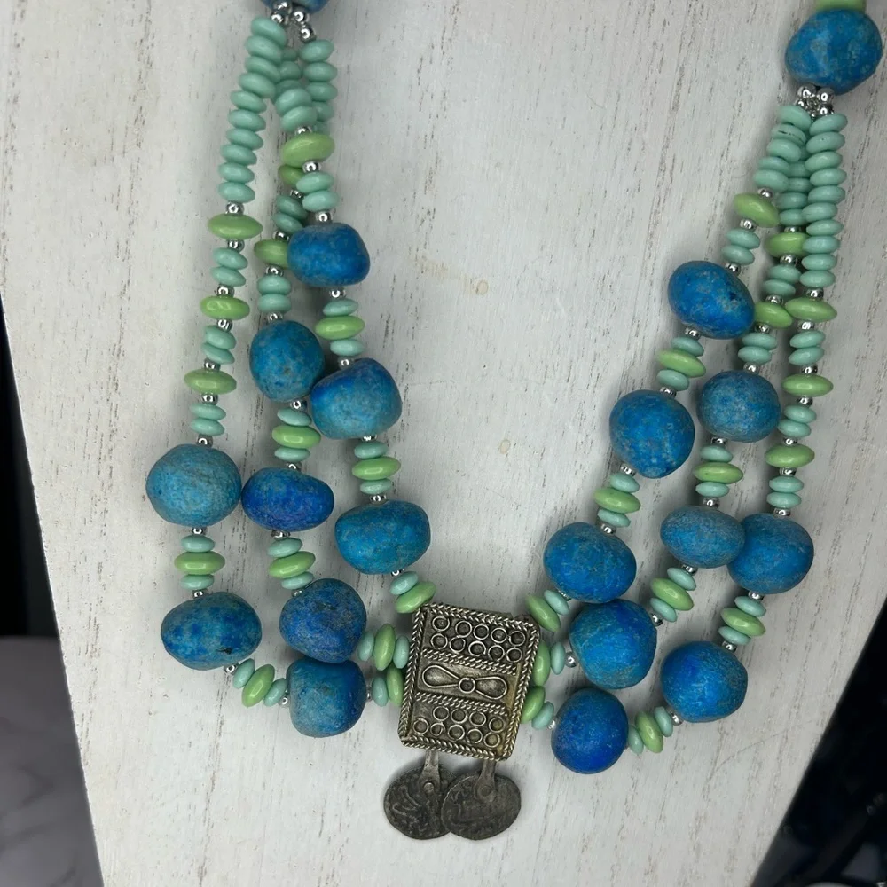 Vintage Boho Turquoise & Mint Chunky Layered Clay Bead & Coin Statement Necklace